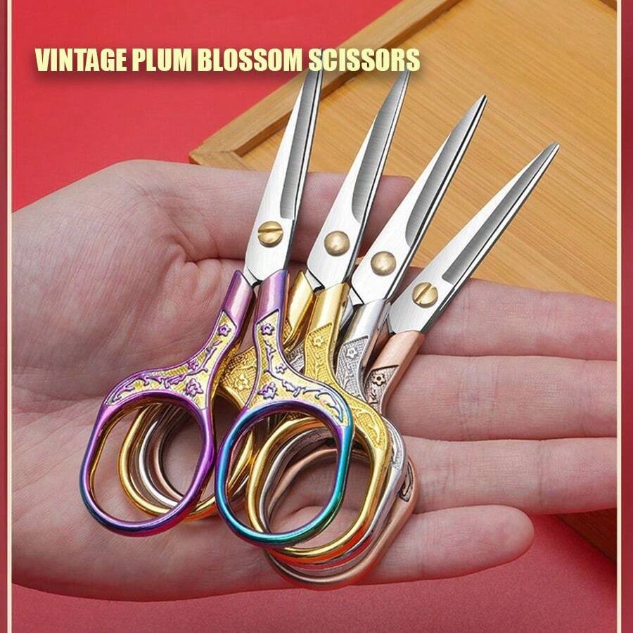 1 Piece Stainless Steel Office Scissors, Vintage Plum Blossom Handmade Paper Scissors - Gold - View 1