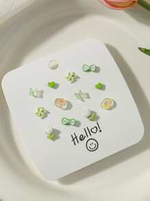 1套12件锌合金简约百搭洋气耳环清新简约森系耳环白色蝴蝶花朵爱心迷你耳环女日常佩戴 - 綠色 - 查看 1