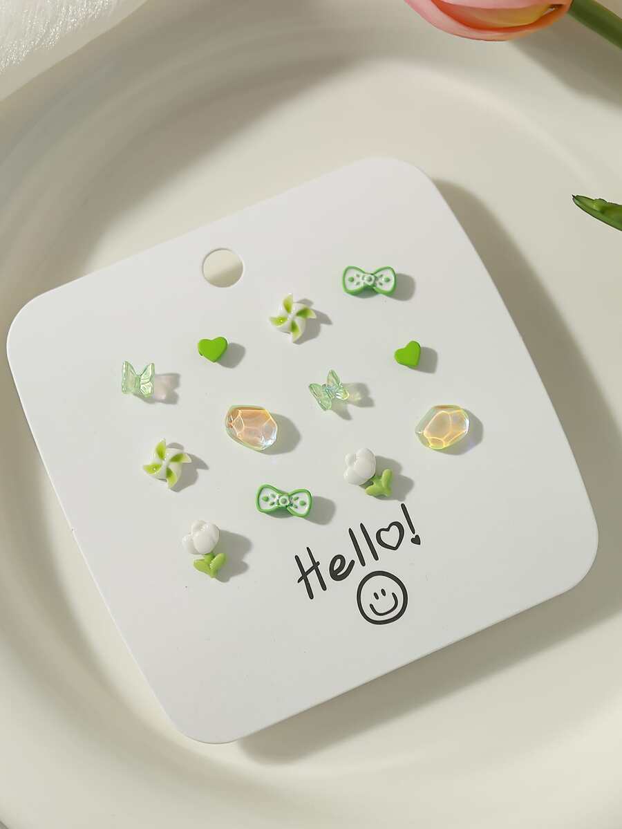 1套12件锌合金简约百搭洋气耳环清新简约森系耳环白色蝴蝶花朵爱心迷你耳环女日常佩戴 - 綠色 - 查看 1