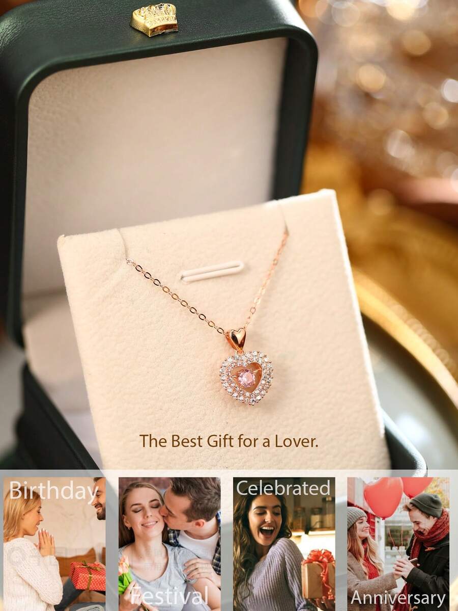 1 件時尚高端禮盒包裝簡單精緻的愛心設計項鍊,完美的節日、婚禮、派對、週年紀念和日常佩戴的禮物,由鍍銀和方晶鋯石製成（帶禮盒） - 玫瑰金 - 查看 1