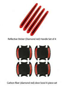 8 件裝通用車門防撞條、把手和碗保護貼紙、碳纖維乙烯基包裹、反光貼紙、帶滴膠 - 紅色 - 查看 3