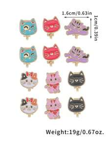 12入組時尚卡通貓和恐龍圖案夾式耳環和耳釘,可愛的無刺穿配件禮物適合女士日常穿著 - 彩色的 - 查看 5