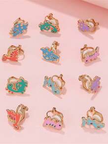 12入組時尚卡通貓和恐龍圖案夾式耳環和耳釘,可愛的無刺穿配件禮物適合女士日常穿著 - 彩色的 - 查看 4