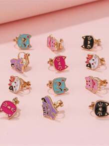 12入組時尚卡通貓和恐龍圖案夾式耳環和耳釘,可愛的無刺穿配件禮物適合女士日常穿著 - 彩色的 - 查看 3