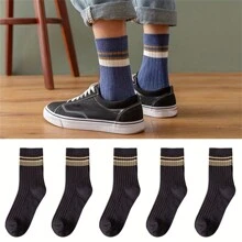 5pairs Men's Casual Plain Color Striped Socks, Anti-Odor Sweat-Absorbing Breathable Comfy Crew Socks, Men Socks