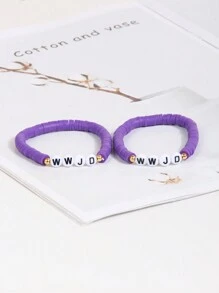 2pcs/Set Multicolor Soft Ceramic Beaded Wwjd(What Would Jesus Do) Ladies' Bracelet - Purple - View 1