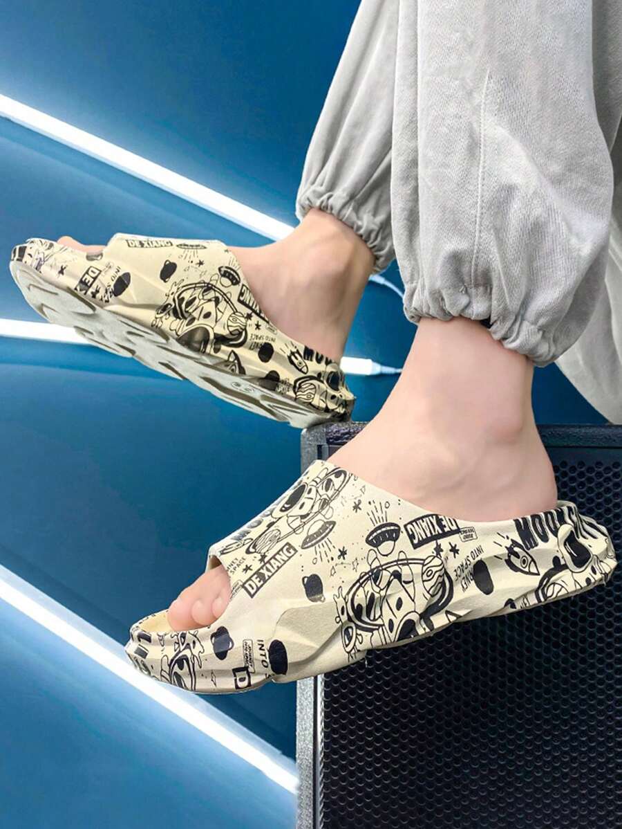 Men's Fashionable Cartoon Space Letter Comfortable Slip-On Slippers, Indoor Home Anti-Slip Sandals - Khaki - View 1
