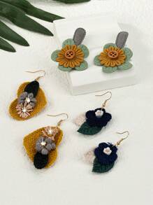 1 套 3 對手工布料彩色女式耳環,心形、葉子和花朵設計,經典鄉村風格,適合節日派對、生日和日常佩戴 - 彩色 - 查看 4