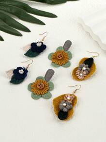 1 套 3 對手工布料彩色女式耳環,心形、葉子和花朵設計,經典鄉村風格,適合節日派對、生日和日常佩戴 - 彩色 - 查看 3