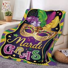 1pc Carnival Symbols Feather Mask & Beaded Garland & English Letter Printed Flannel Blanket, Nap Shawl Sofa Cover For Home Decor - Multicolor - View 4