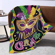 1pc Carnival Symbols Feather Mask & Beaded Garland & English Letter Printed Flannel Blanket, Nap Shawl Sofa Cover For Home Decor - Multicolor - View 3