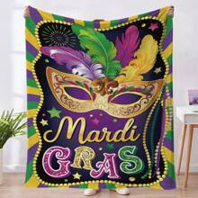 1pc Carnival Symbols Feather Mask & Beaded Garland & English Letter Printed Flannel Blanket, Nap Shawl Sofa Cover For Home Decor - Multicolor - View 1