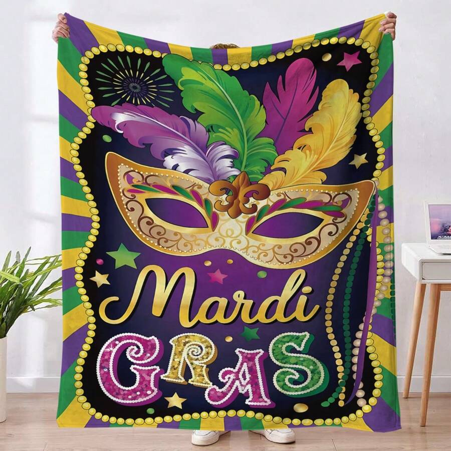1pc Carnival Symbols Feather Mask & Beaded Garland & English Letter Printed Flannel Blanket, Nap Shawl Sofa Cover For Home Decor - Multicolor - View 1