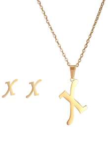 3 件/套不锈钢镀 18K 黄金首饰套装带耳钉字母吊坠耳环和项链女士复古首饰套装情人节礼物 - 金黃色 - 查看 15