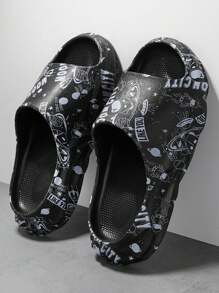 Pantuflas cómodas con diseño de letras espaciales de dibujos animados para hombres, sandalias antideslizantes para interiores y el hogar - Negro - Ver 6