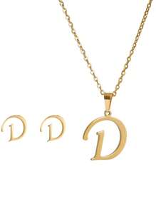 3 件/套不锈钢镀 18K 黄金首饰套装带耳钉字母吊坠耳环和项链女士复古首饰套装情人节礼物 - 金黃色 - 查看 27