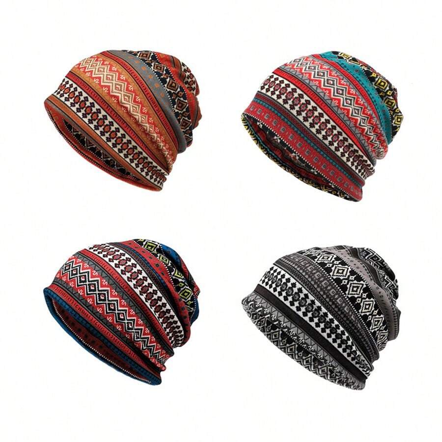 1入組dd灰男女運動戶外秋冬復古針織帽,波西米亞風格保暖雙用頭巾 - 灰色 - 查看 1