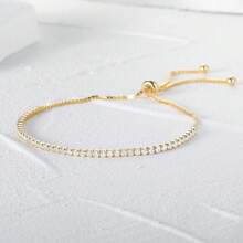 Sparkly Tennis Bracelet - Adjustable Inlaid Cubic Zirconia Hand Jewelry For Women & Girls - Gold - View 2