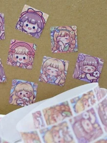 1 Roll Of Comic Girl Stickers, Children's Stickers, Cartoon Animation, Hand-Painted Children's Toys, Round Seal Stickers, Cartoon Stickers, Cute Baby Reward Stickers, Waterproof Student Notebook Stickers, Gift Packaging Decoration Stickers Back To School