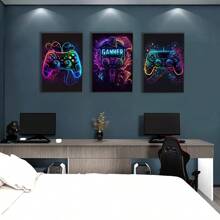 3件套 Now Art 电子游戏涂鸦油画帆布墙面艺术装饰画，彩色霓虹游戏手柄帆布装饰画，奇幻耳机电竞游戏墙面客厅艺术画（无框/有框） - 彩色 - 查看 3