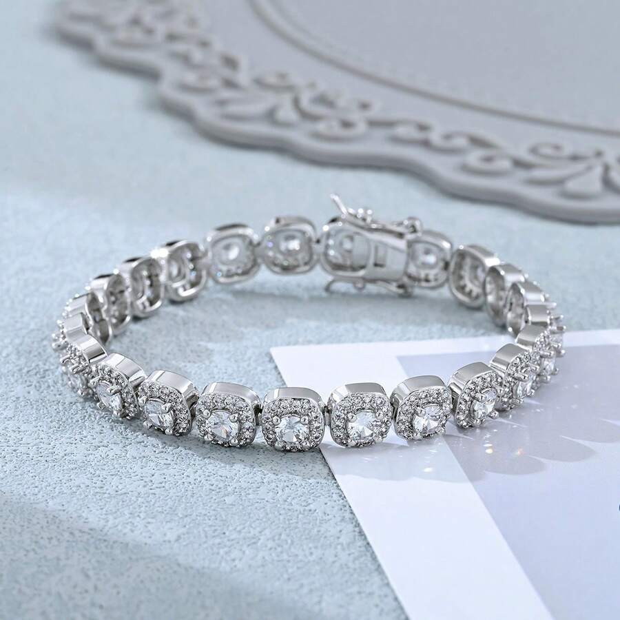 1 件嘻哈風格立方氧化鋯方形糖果手鍊適合男女日常佩戴和嘻哈派對 - 白色 - 查看 1