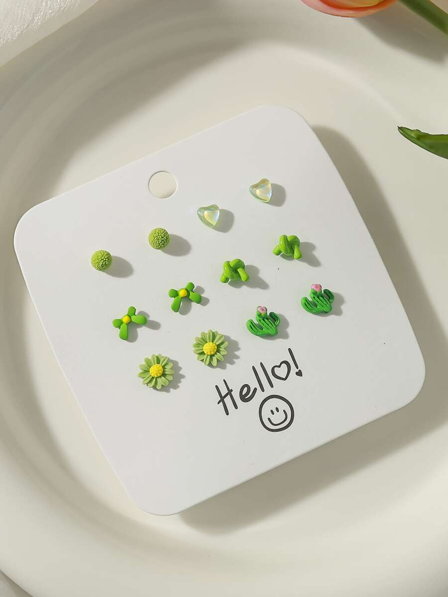 1套12件锌合金简约百搭洋气耳环清新简约森系耳环白色蝴蝶花朵爱心迷你耳环女日常佩戴 - 綠色 - 查看 1