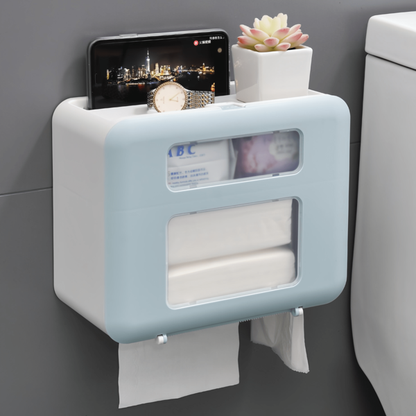 1 pieza Caja de pañuelos de doble capa montada en la pared 26 * 13 * 21cm Estantería de almacenamiento multifuncional impermeable Decoración de baño Verano Regreso a la escuela