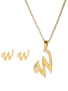 3 件/套不锈钢镀 18K 黄金首饰套装带耳钉字母吊坠耳环和项链女士复古首饰套装情人节礼物 - 金黃色 - 查看 23