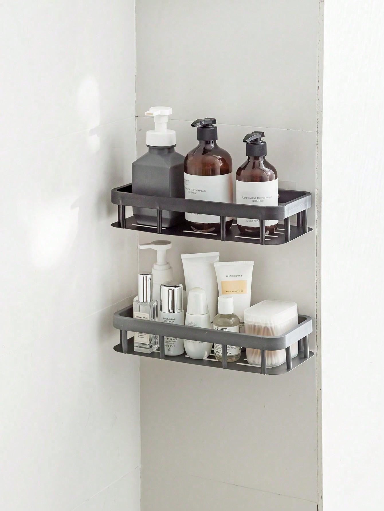 1pc Rustproof Shower Corner Caddy With Hooks, Wall Mounted Adhesive