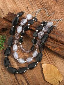 1入歐美風格豔麗透明樹脂手工多層項鍊,黑、灰、白石珠,適用於女性正式服裝、聚會場合 - 黑與白 - 查看 11