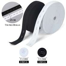 2 Rolls Of 14 M Elastic Band With Button Eyelets, Elastic Band Width 20 Mm And 20 Buttons, Elastic Band Sewing For Trouser Skirt Headband - Black and White - View 5