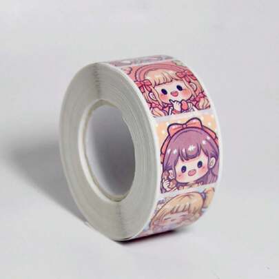 1 卷漫畫女孩貼紙、兒童貼紙、卡通動畫、手繪兒童玩具、圓形密封貼紙、卡通貼紙、可愛寶寶獎勵貼紙、防水學生筆記本貼紙、禮品包裝裝飾貼紙