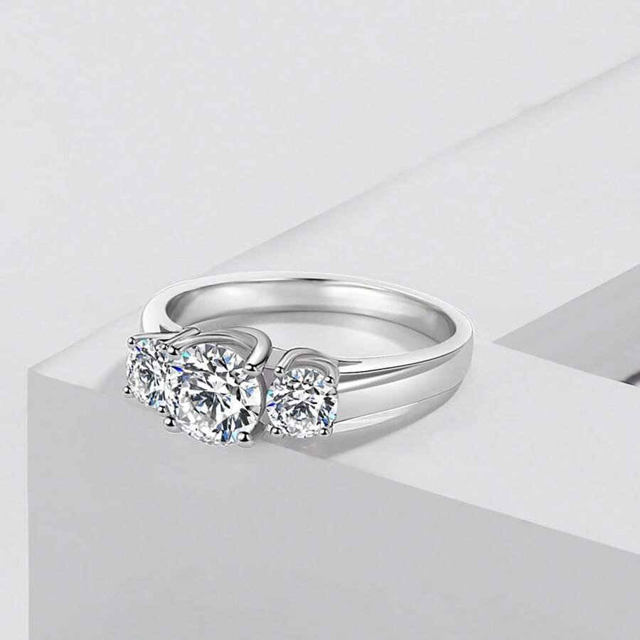 1入組三石頭圓形切訂婚戒指適合女士3.8mm和5mm方晶鋯石925純銀週年紀念日結婚戒指為她白金方晶鋯石戒指首飾類禮物 - 銀色 - 查看 1