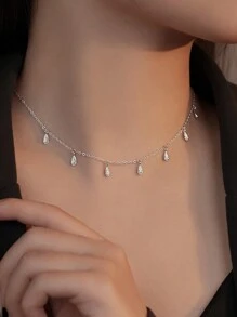 1入組時尚S925純銀淚滴形項鍊適合女士合適的適用於日常穿著 - 銀色 - 查看 1