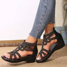 女士大码钻石和珍珠装饰凉鞋、罗马凉鞋、沙滩平底鞋、露趾仿皮平底鞋 - 黑色 - 查看 3