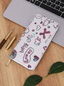 1 件新款白色 Pu 創意圖案女用皮夾,時尚百搭便攜式拉鍊長手拿包,多功能大容量皮夾 - 白色 - 查看 5