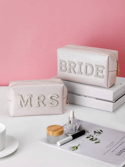 [化妆包]珍珠装饰化妆包 - 大容量旅行收纳包、新娘送礼会礼物、婚礼和海滩派对配件