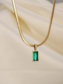 Conjunto de collar y aretes de acero inoxidable cuadrados con cristal verde y circonita cúbica, un conjunto de joyas de moda, adecuado para uso diario