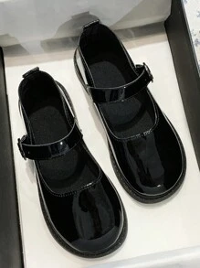 女士时尚玛丽珍平底鞋，新款休闲平底鞋，圆头，低鞋面，英伦风格，漆皮黑色鞋子 - 黑色 - 查看 5