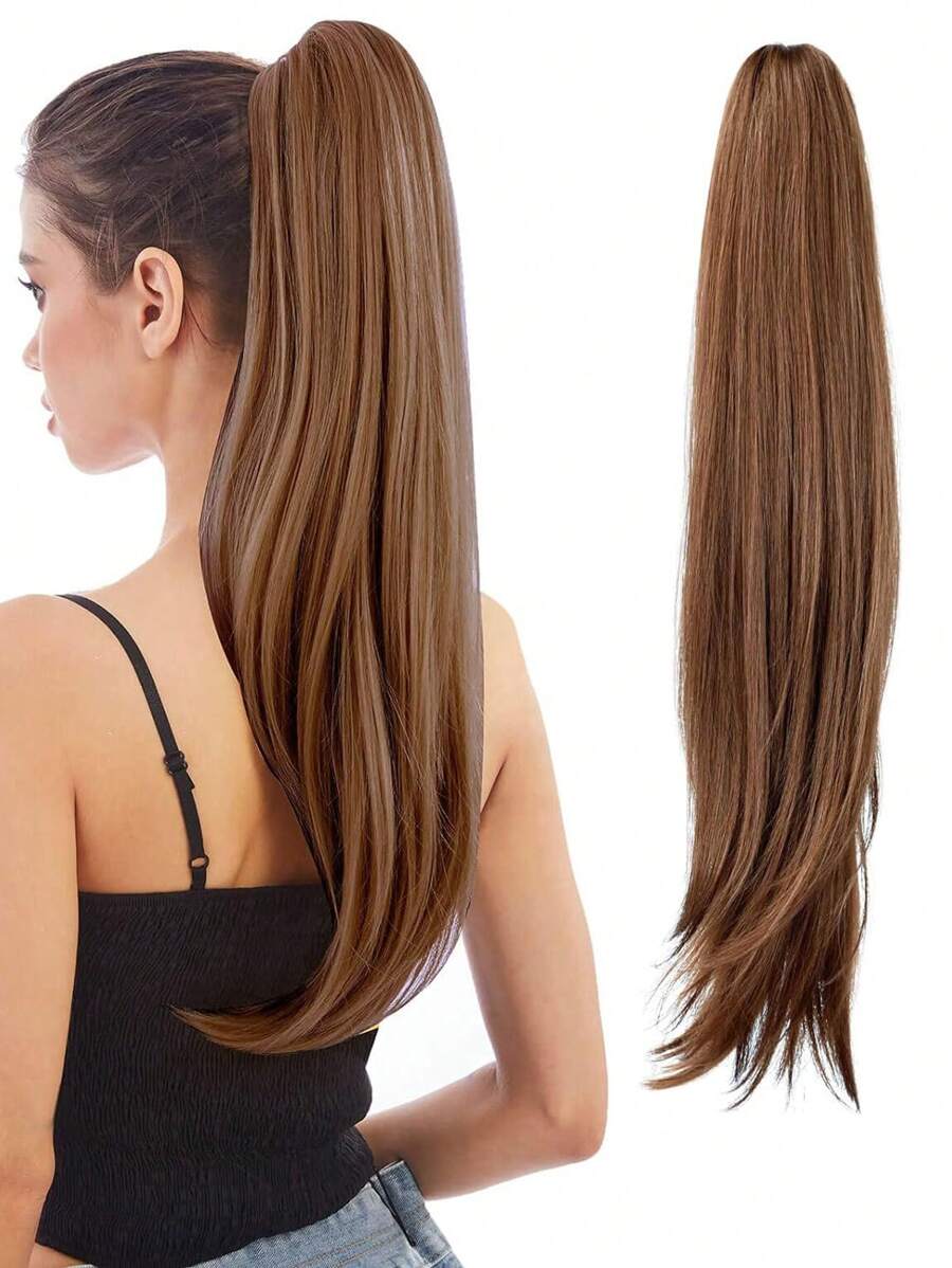 女士马尾辫化纤发长 24 英寸棕色自然垂直欧洲美国非洲女性潮流假发配件