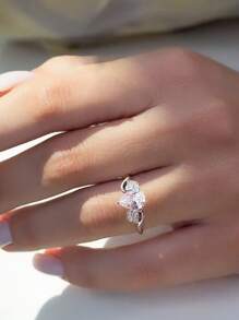 ESBERRY 1pc Sparkle Pear-Shape Engagement Ring Wedding Band For Women S925 Sterling Silver Fashion Drop Diamond Ring Eternity Ring Valentine'S Day Luxury Jewelry Gifts - Silver - View 3