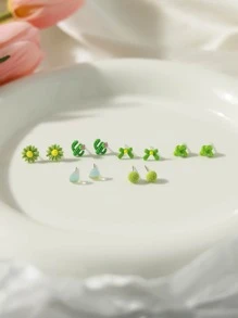 1套12件锌合金简约百搭洋气耳环清新简约森系耳环白色蝴蝶花朵爱心迷你耳环女日常佩戴 - 綠色 - 查看 2