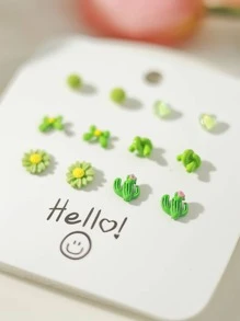 1套12件锌合金简约百搭洋气耳环清新简约森系耳环白色蝴蝶花朵爱心迷你耳环女日常佩戴 - 綠色 - 查看 3