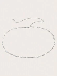 1Pc Women's Silver Imitated Faux Pearl Beaded Chain, Retro & Elegant & Sexy, Single Layer Body Chain Metal Waist Chain, Beach, Summer, Daily, Universal Belly Chain - Silver - View 2