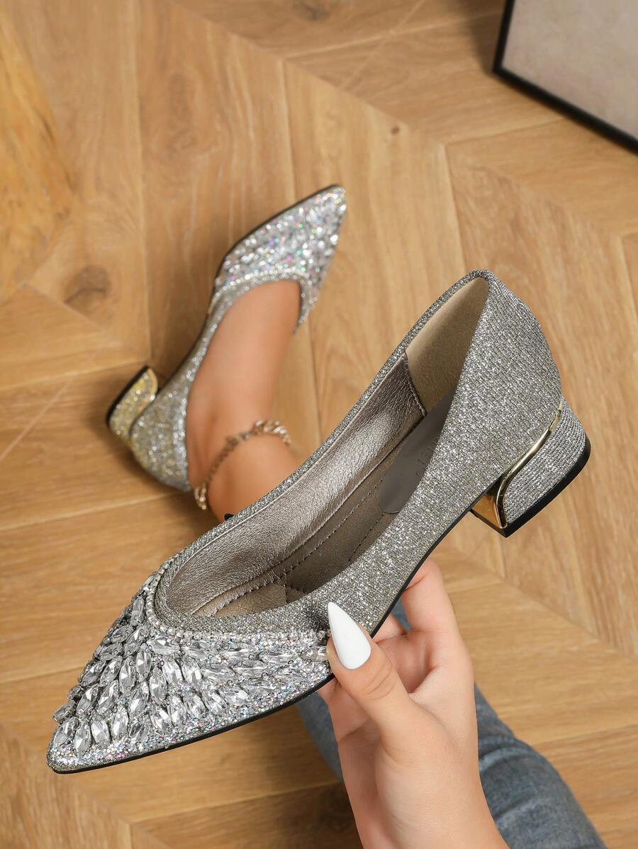 Giày đế thấp đính kim cương giả Giày buổi tối cỡ lớn dành cho nữ, Giày bệt, Giày cao gót đế mềm mũi nhọn đính kim cương giả hợp thời trang, Giày cao gót đế mềm kiểu Pháp, Giày phù dâu thanh lịch - Màu Xám nhạt - Xem 1