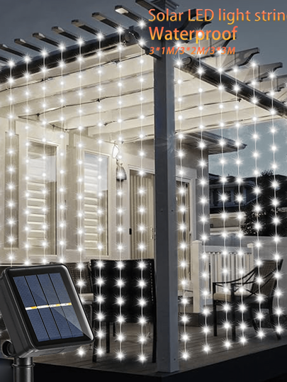 Solar Curtain String Lights, LED Garland Fairy Lights, 8 Lighting Modes Dimmable, IP64 Waterproof For Outdoor Wall Garden Yard Party Festival Decor Twinkle Decoration Fall Decor House Decor Outdoor Decor