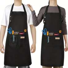 1件時尚帆布廚房圍裙,適用於女性男性主廚燒烤餐廳酒吧商店咖啡廳美甲工作室制服 - 咖色 - 查看 1
