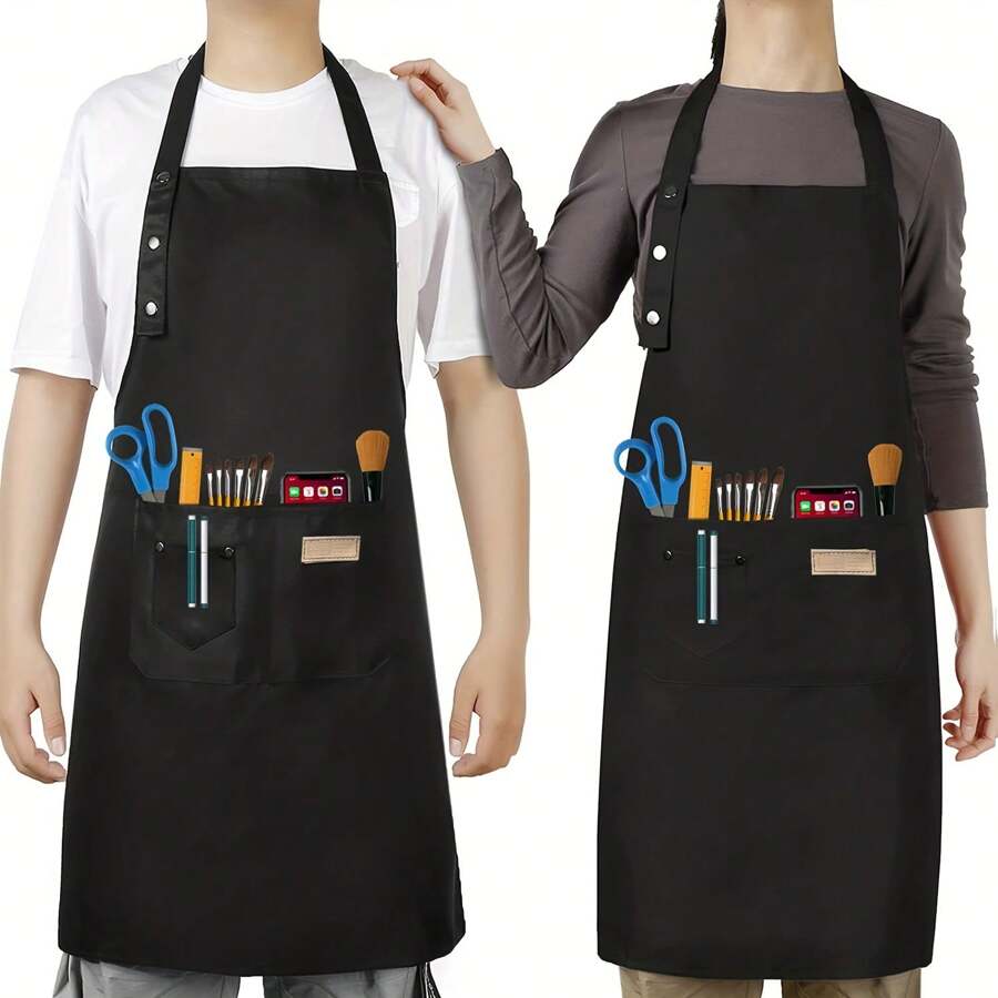 1件時尚帆布廚房圍裙,適用於女性男性主廚燒烤餐廳酒吧商店咖啡廳美甲工作室制服 - 咖色 - 查看 1