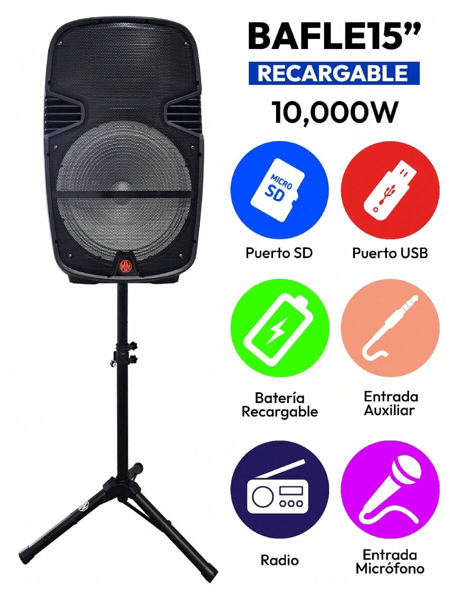 Bocina Bafle 15 Pulgadas Recargable Con Luz Led KSR 10,000W - Negro - Ver 1