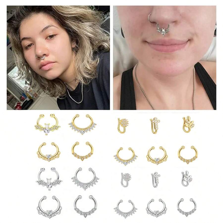 3-6入組16g流行cz假穿刺鼻環,適用於男女性,萬聖節蝙蝠假鼻環,c型鼻套鼻墊假穿刺珠寶,適用於宴會日常佩戴 - 銀色 - 查看 1